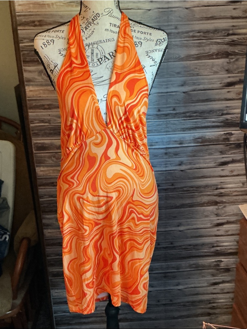 Divided Orange Swirl Halter Backless Dress